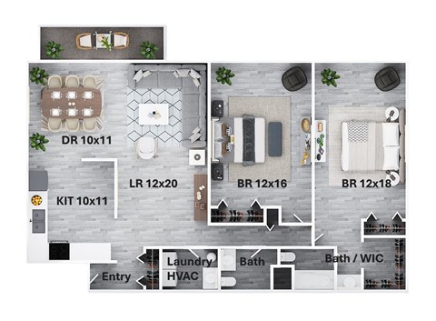 A floor plan of a house with labeled rooms and appliances.